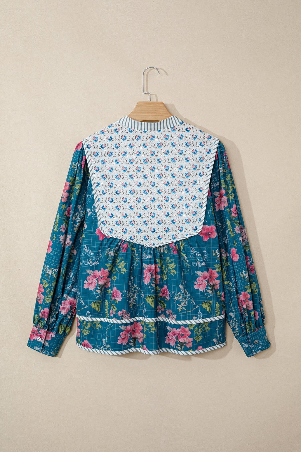 Floral Stripe Patchwork Long Puff Sleeve Blouse