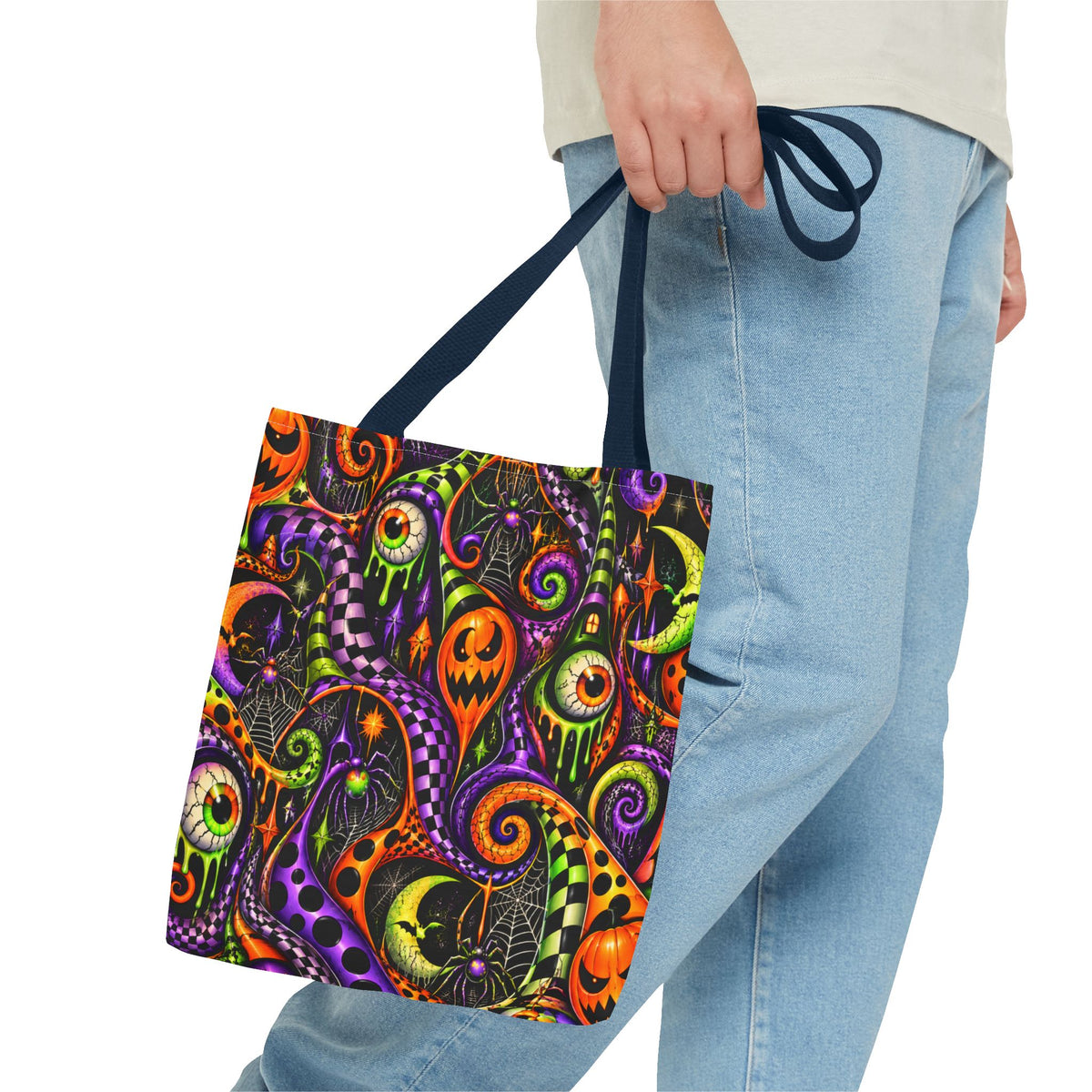 Halloween Swirl Tote Bag — Spooky Jack-o'-Lantern & Eyeball Allover Print
