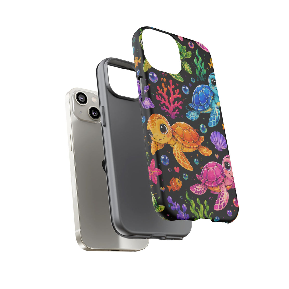 Phone Case — Colorful Cute Sea Turtles on Black (Protective Smartphone Cover)