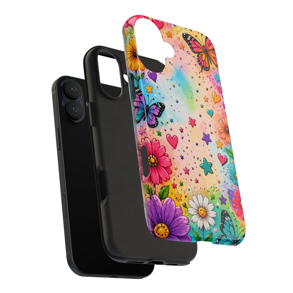 Colorful Butterflies and Flowers Tough Phone Case | Rainbow Hearts Stars