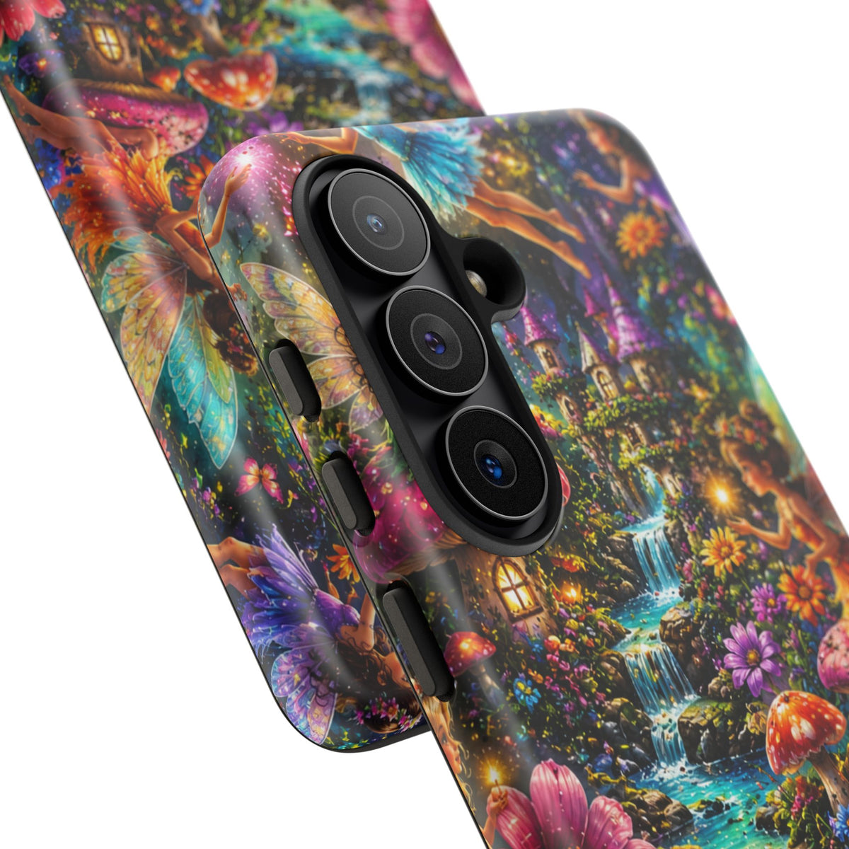 Fairy Garden Tough Phone Case — Whimsical Cottage, Waterfall & Mushroom Artwork