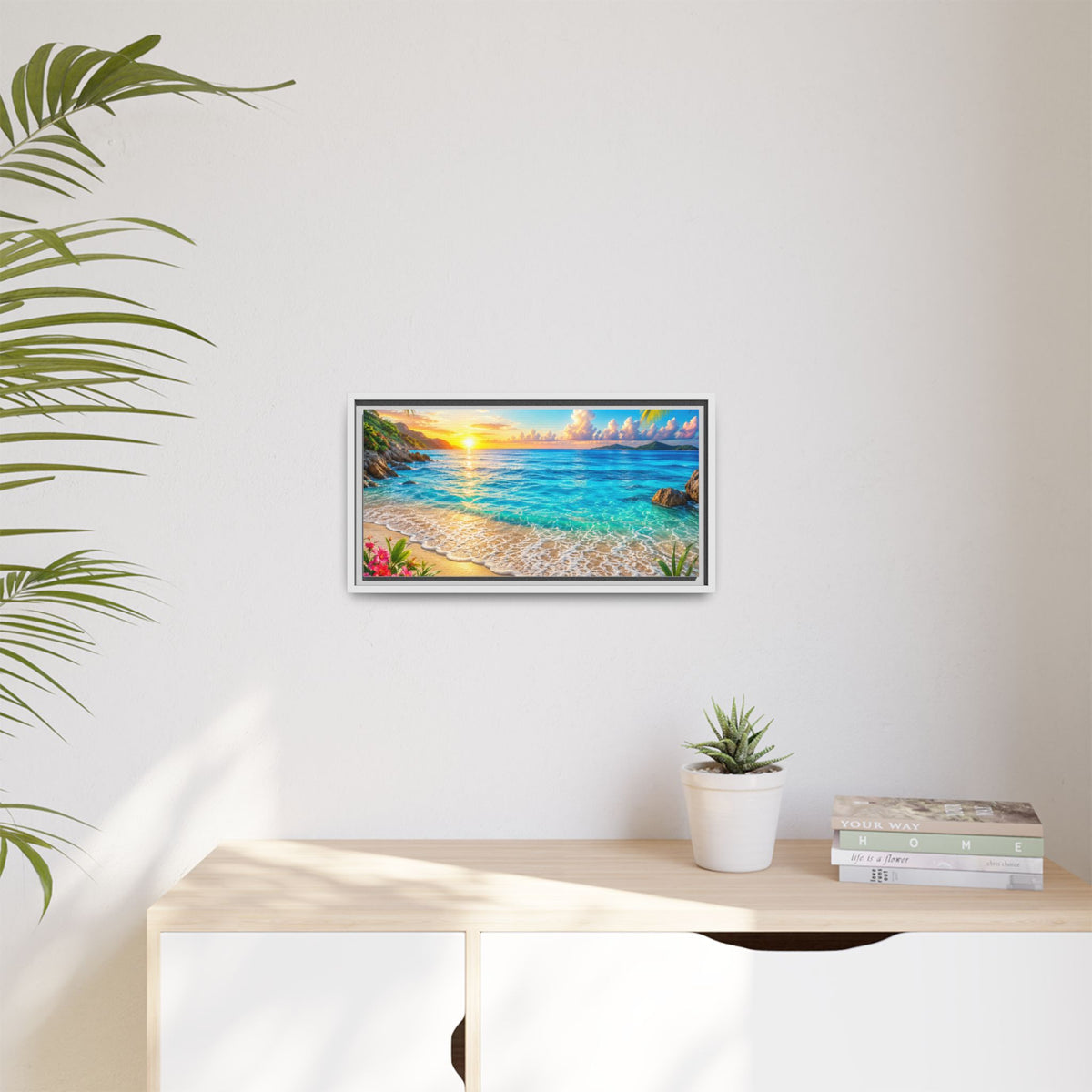Framed Beach Sunset Matte Canvas Wall Art — Tropical Ocean Sunrise Decor