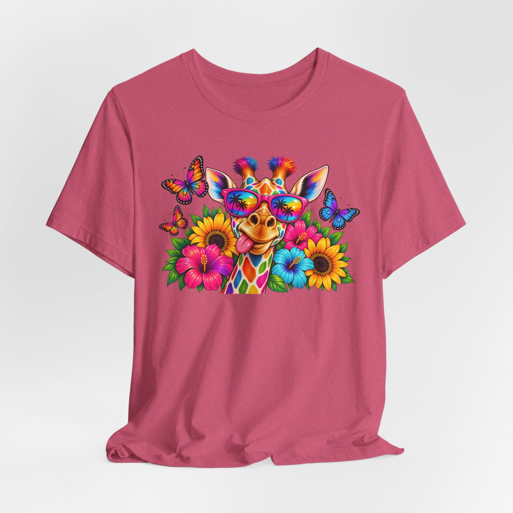 Giraffe Floral Tee — Colorful Butterfly & Sunflower Graphic T-Shirt