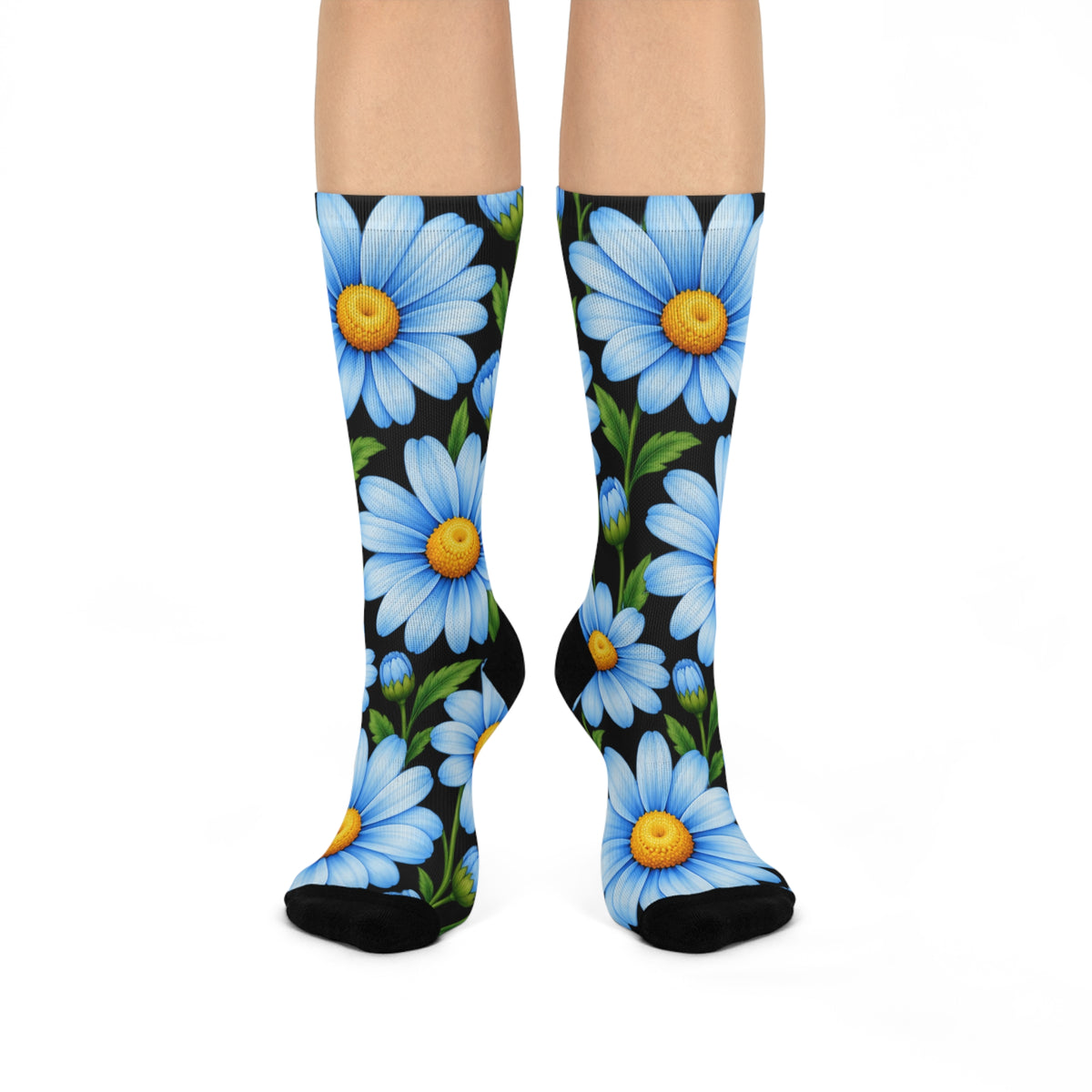 Daisy Floral Crew Socks — Blue Daisies Cushion-Comfort Socks