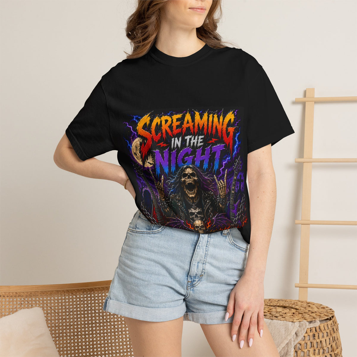 Screaming in the Night T-shirt | Horror Skeleton Moon Graphic
