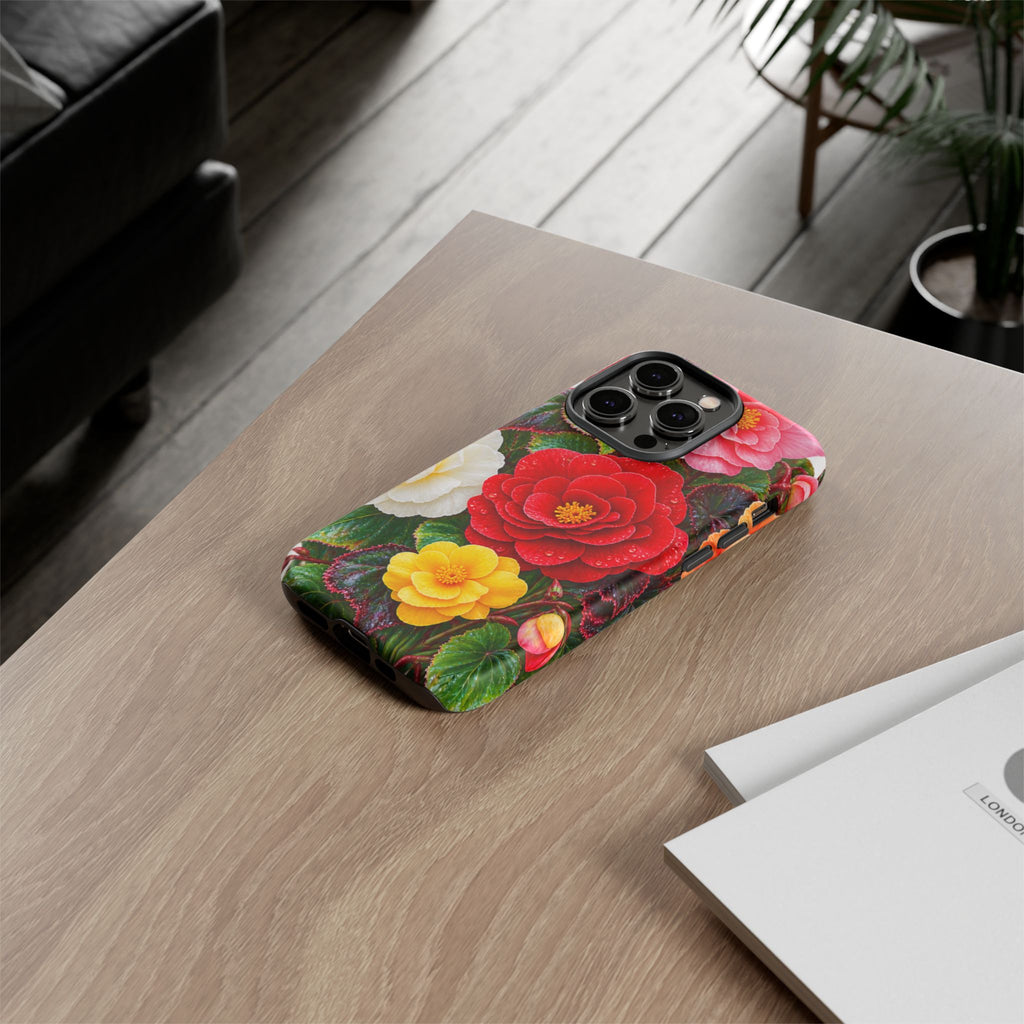 Floral Begonia Phone Case — Vibrant Red, Pink & Yellow Blossom Protective Cover
