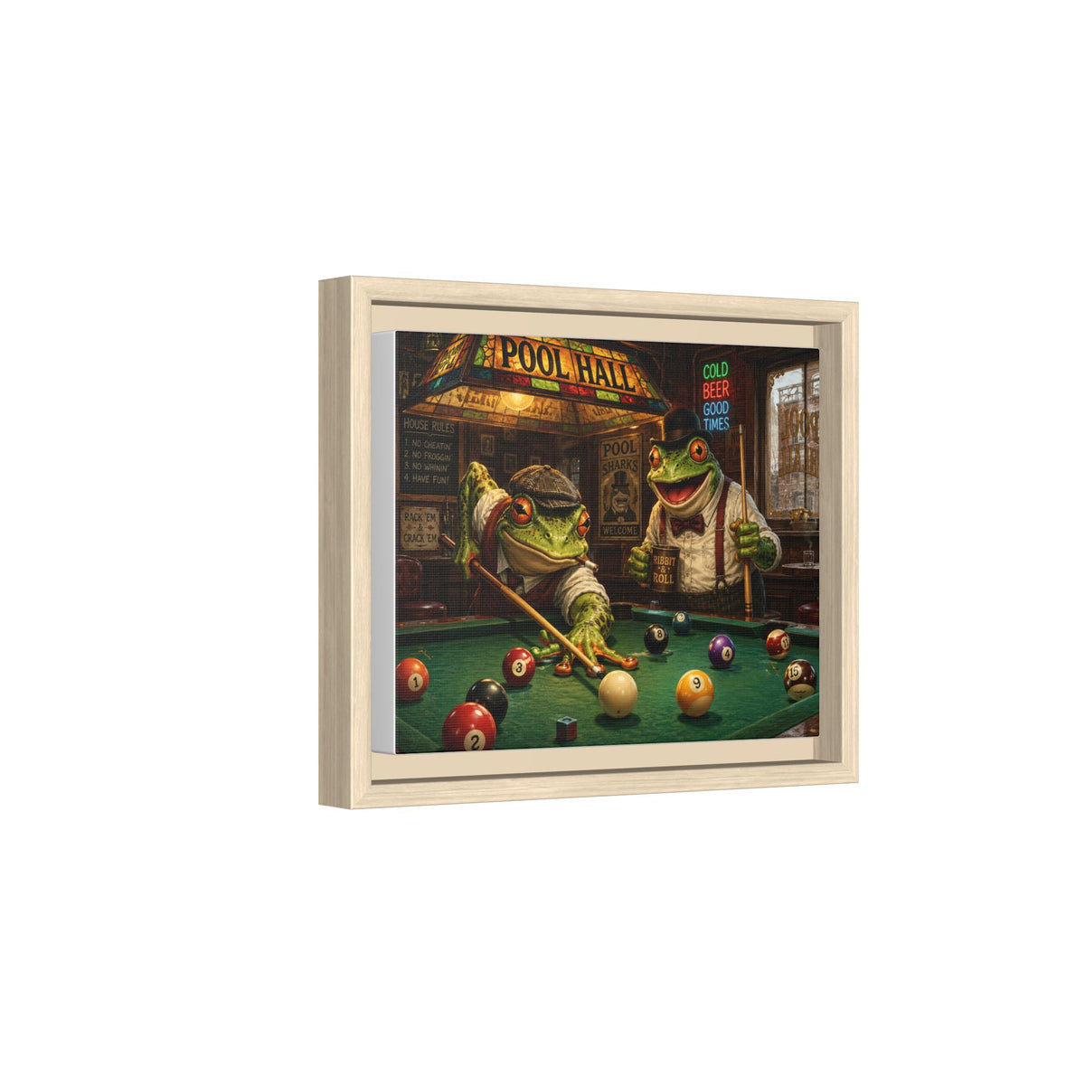 Frogs Playing Pool Matte Canvas Framed