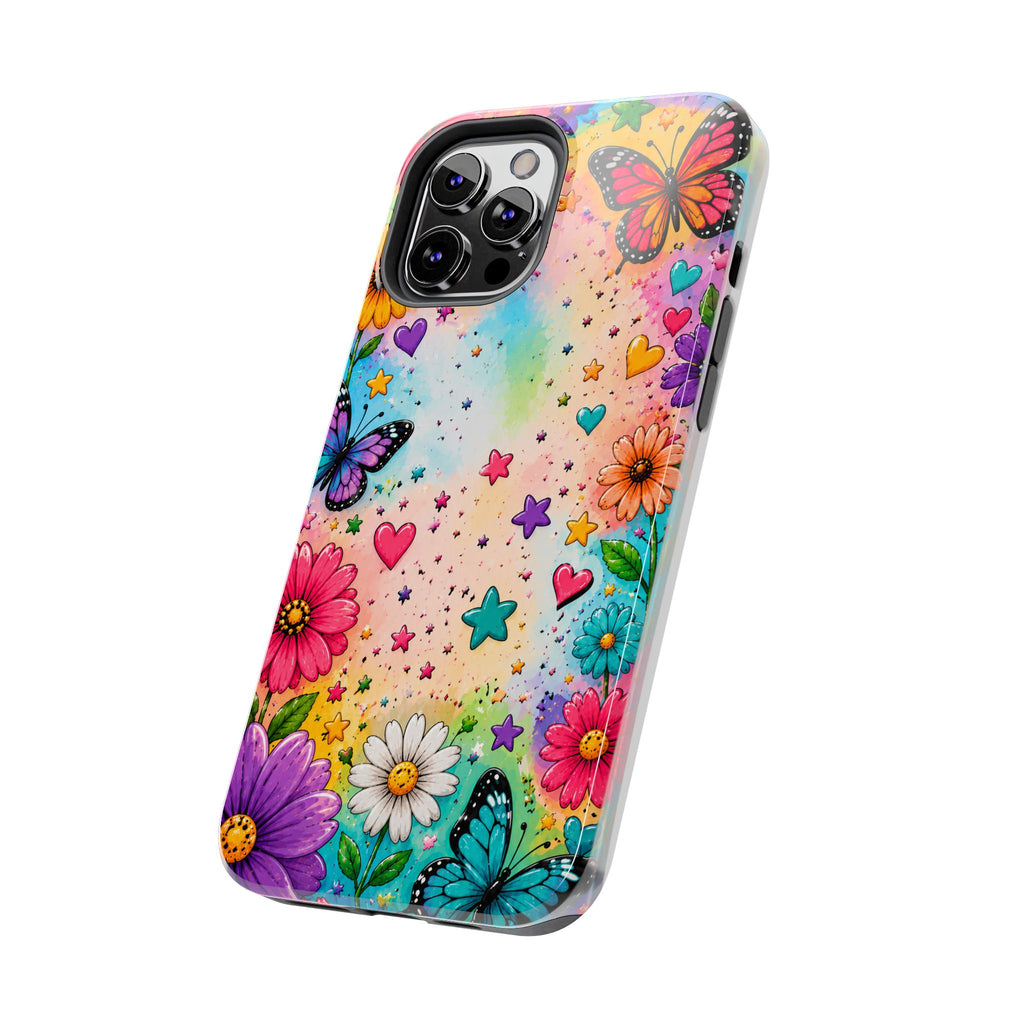 Colorful Butterflies and Flowers Tough Phone Case | Rainbow Hearts Stars