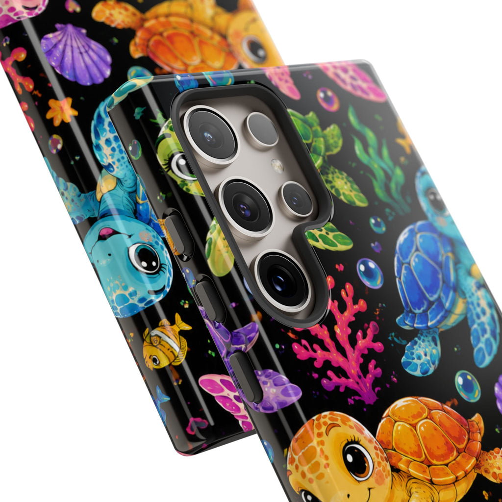 Phone Case — Colorful Cute Sea Turtles on Black (Protective Smartphone Cover)