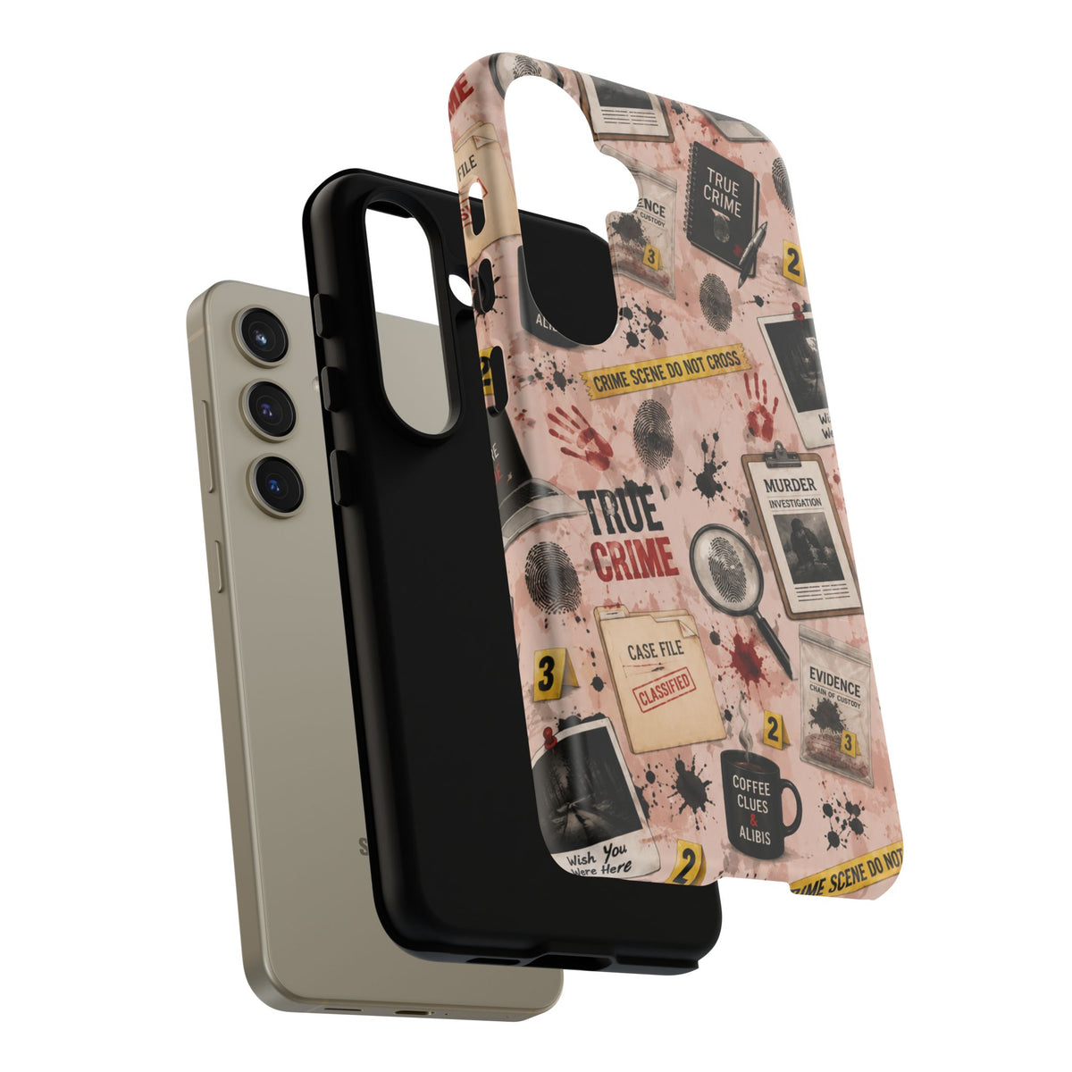 True Crime Pattern Phone Case – Detective Evidence, Crime Scene Tape & 'True Crime' Design