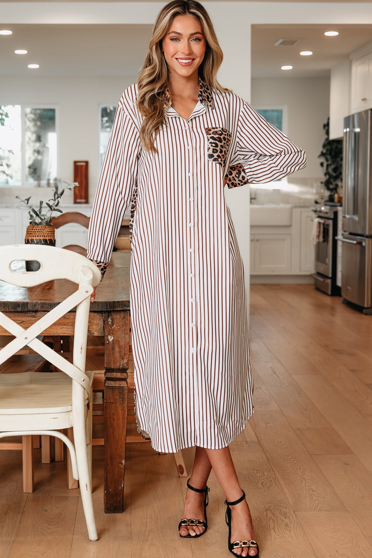 Leopard Patchwork Stripe Shirt Dress with Slits