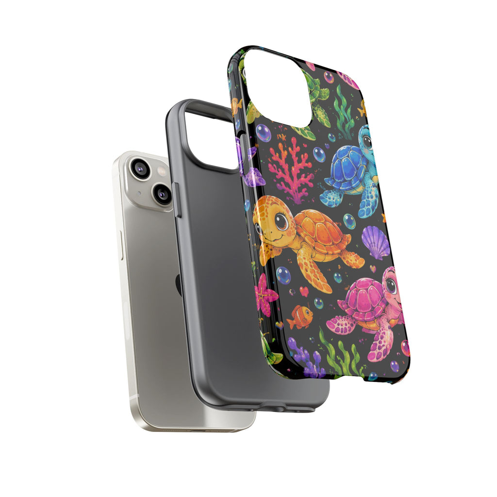 Phone Case — Colorful Cute Sea Turtles on Black (Protective Smartphone Cover)
