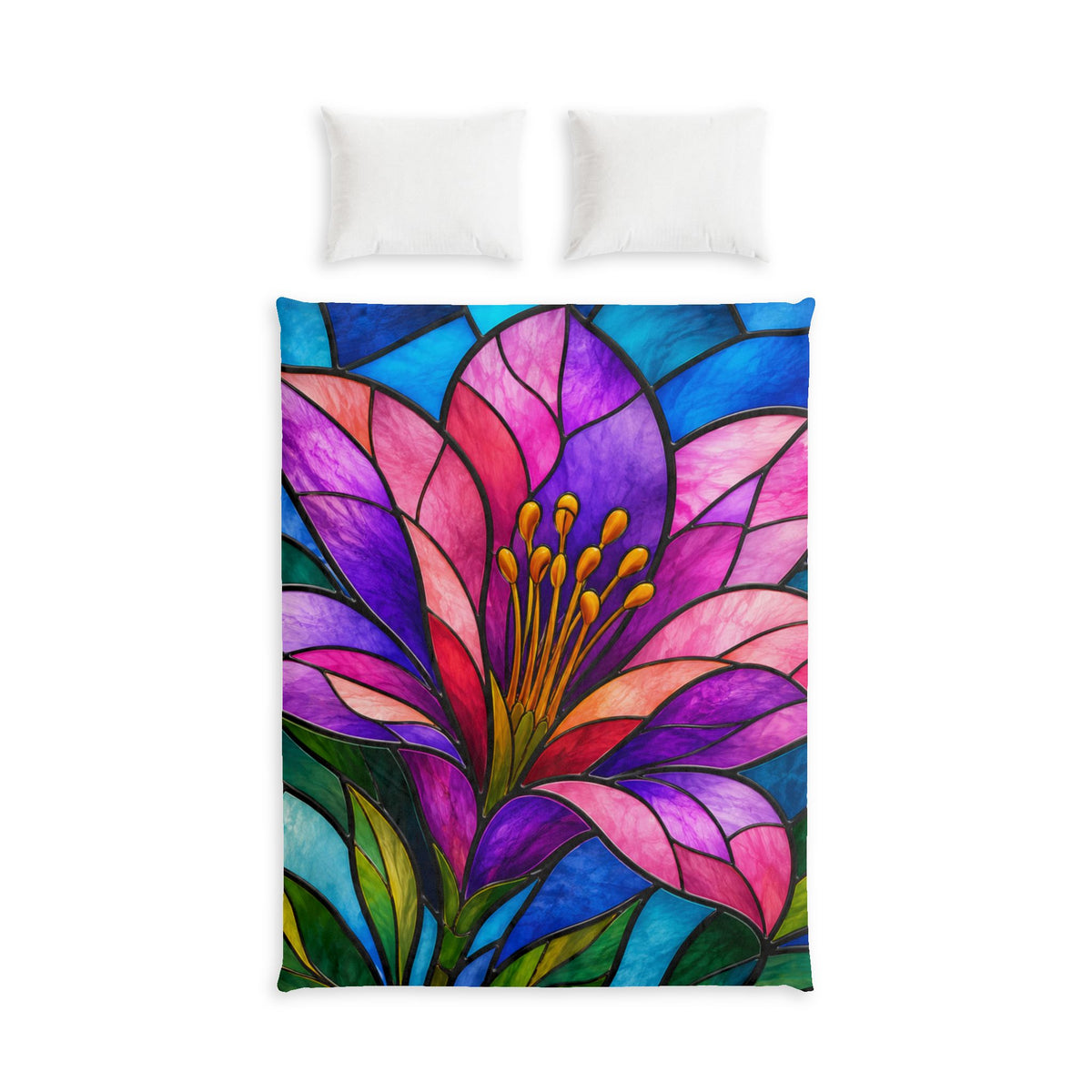 Stained Glass Floral Cotton Bed Set – Vibrant Pink & Blue Flower Duvet Cover