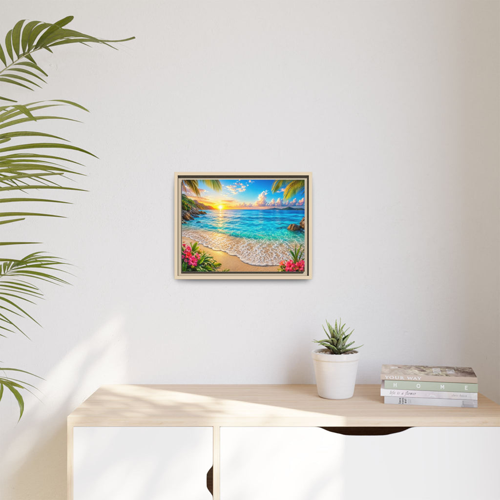 Framed Beach Sunset Matte Canvas Wall Art — Tropical Ocean Sunrise Decor