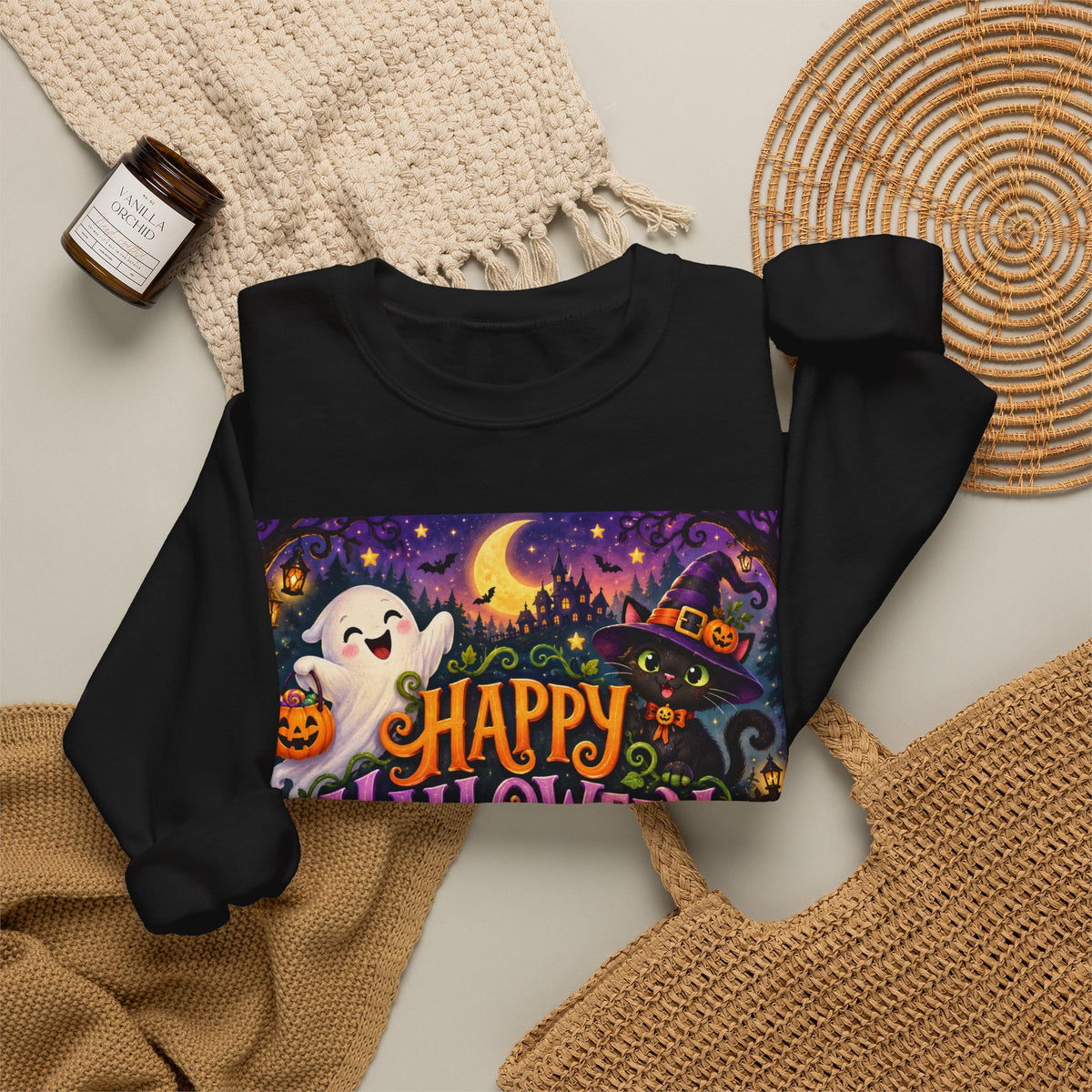 Happy Halloween Crewneck Sweatshirt — Cute Ghost & Jack-o'-Lantern Halloween Sweater