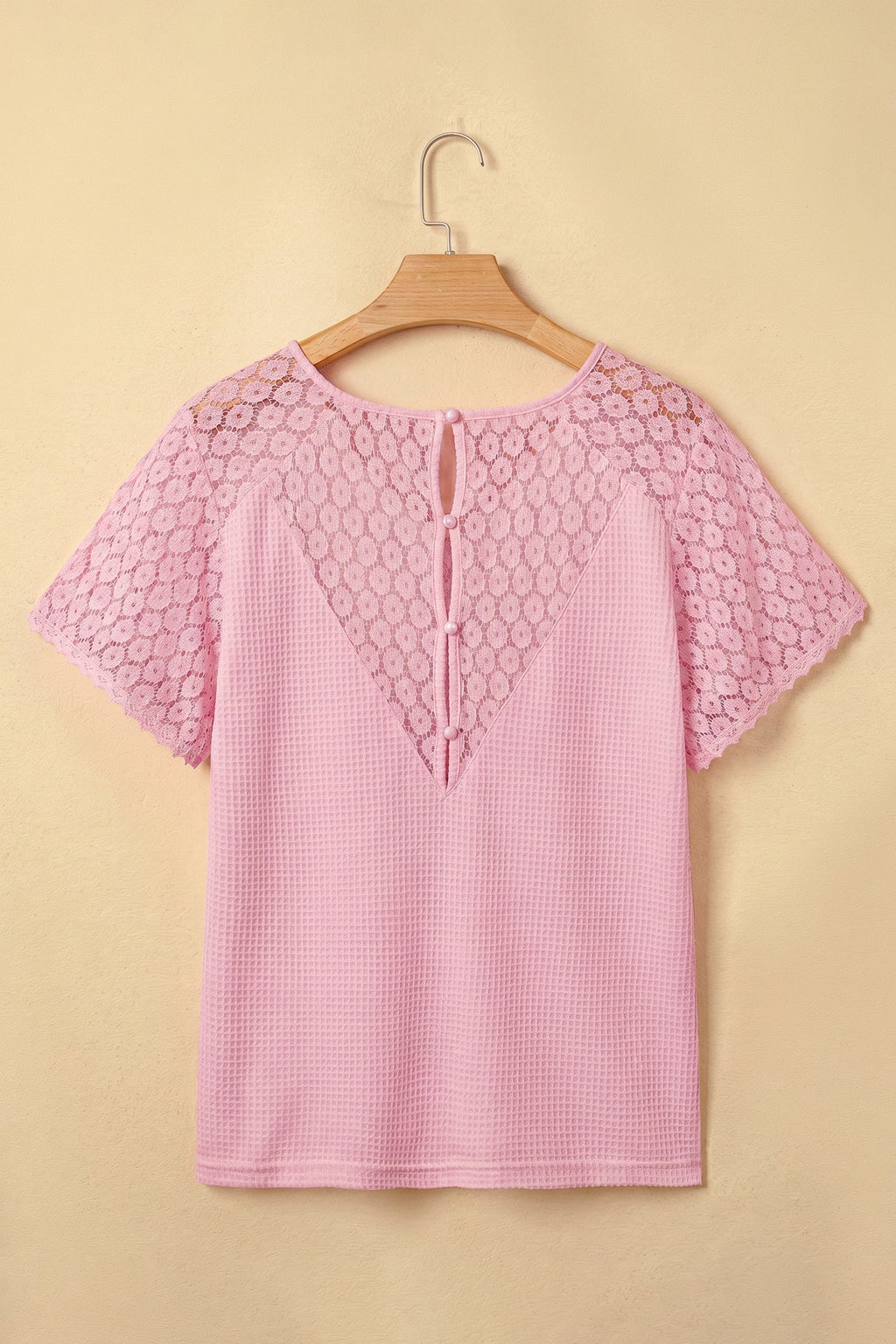 Lace Patchwork Buttoned Cutout Waffle Knit Blouse