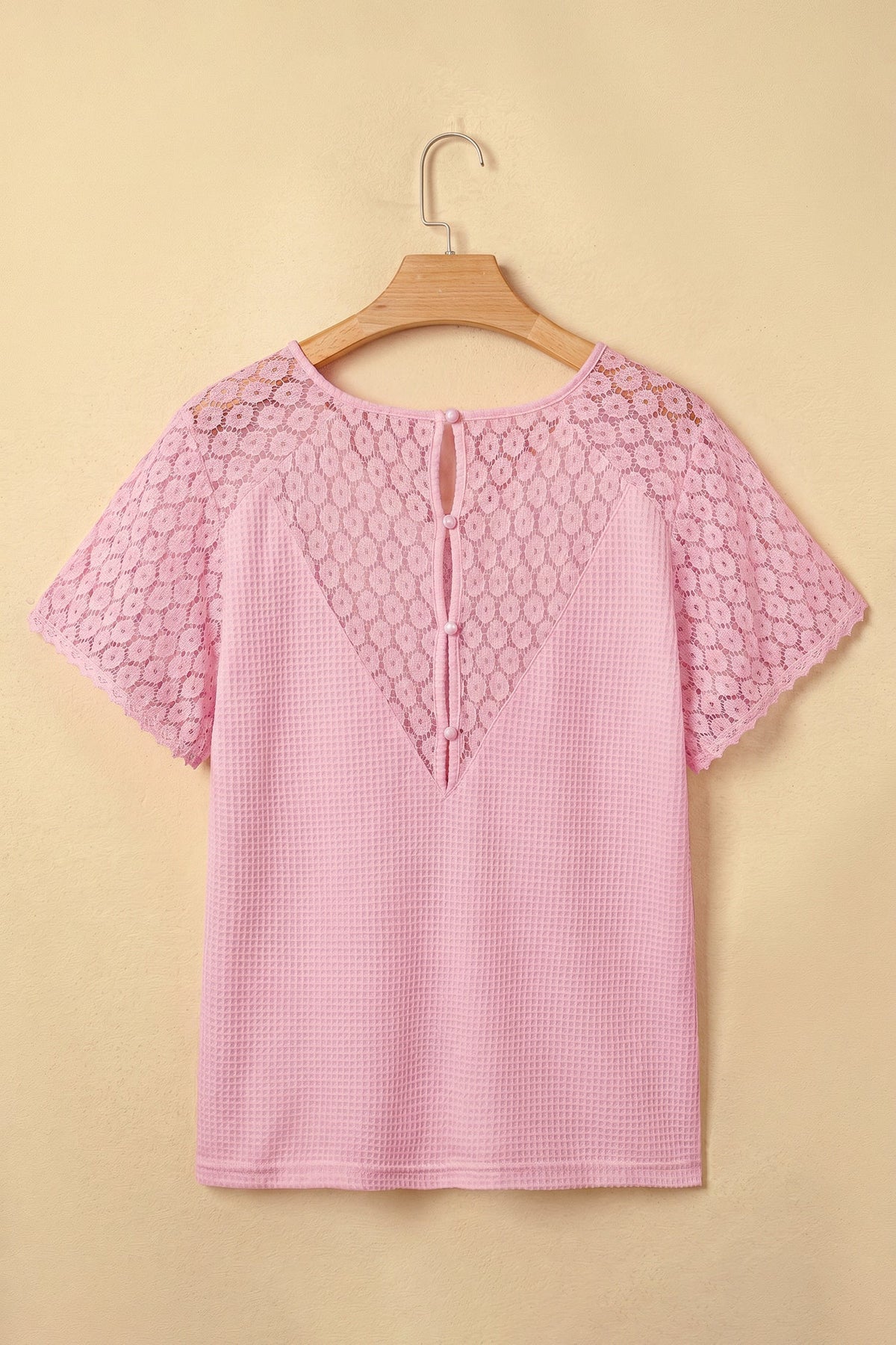 Lace Patchwork Buttoned Cutout Waffle Knit Blouse