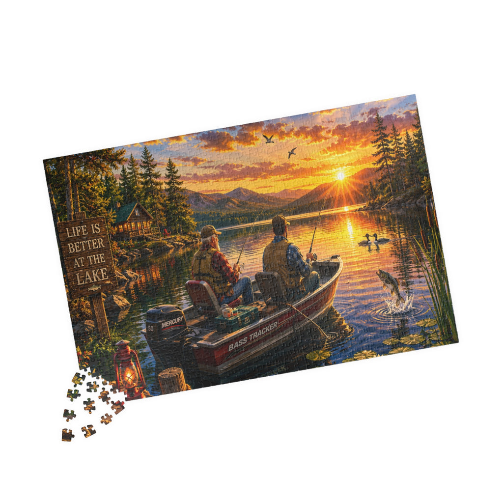 Lake Sunset Fishing Puzzle — "Life Is Better at the Lake" Scenic Jigsaw (110–1014 pcs)