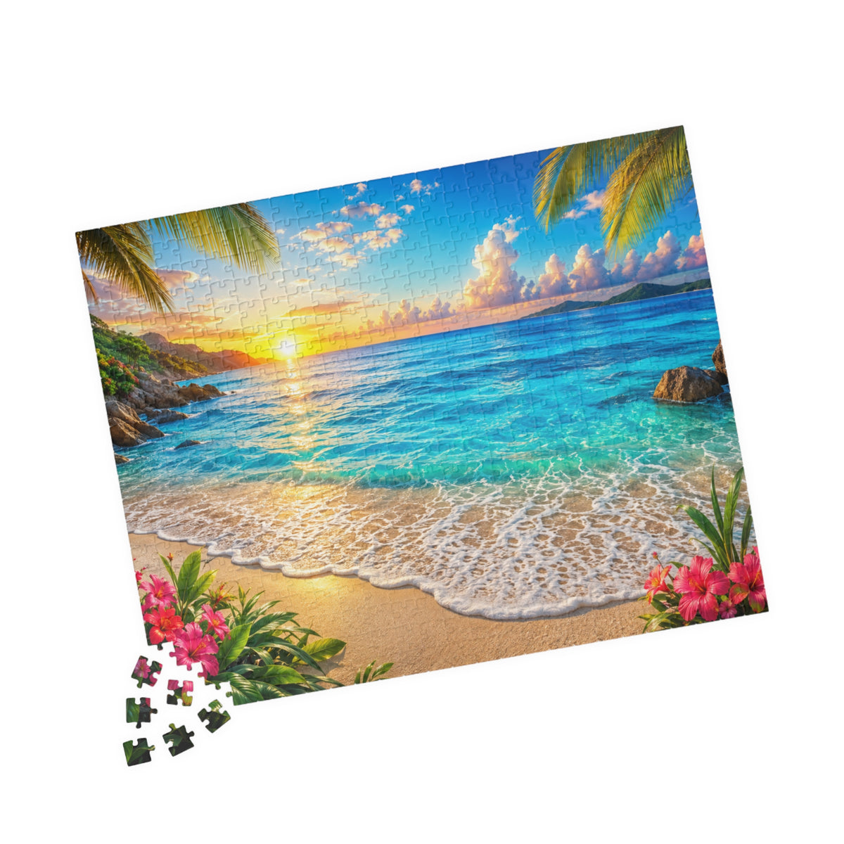 Tropical Beach Sunset Puzzle — Scenic Ocean Jigsaw (110/252/520/1014 pcs)