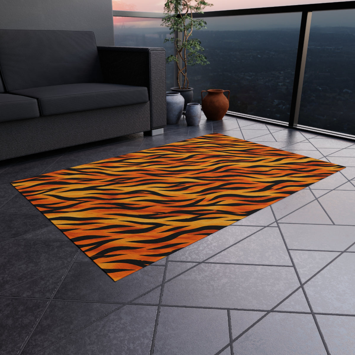 Tiger Stripe Outdoor Rug — Bold Orange Animal Print Patio Mat