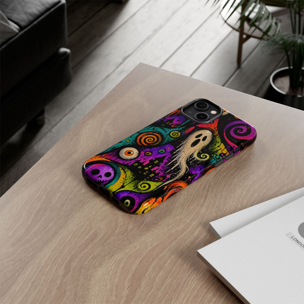 Halloween Ghost Phone Case — Colorful Spooky Skull & Haunted House Tough Case