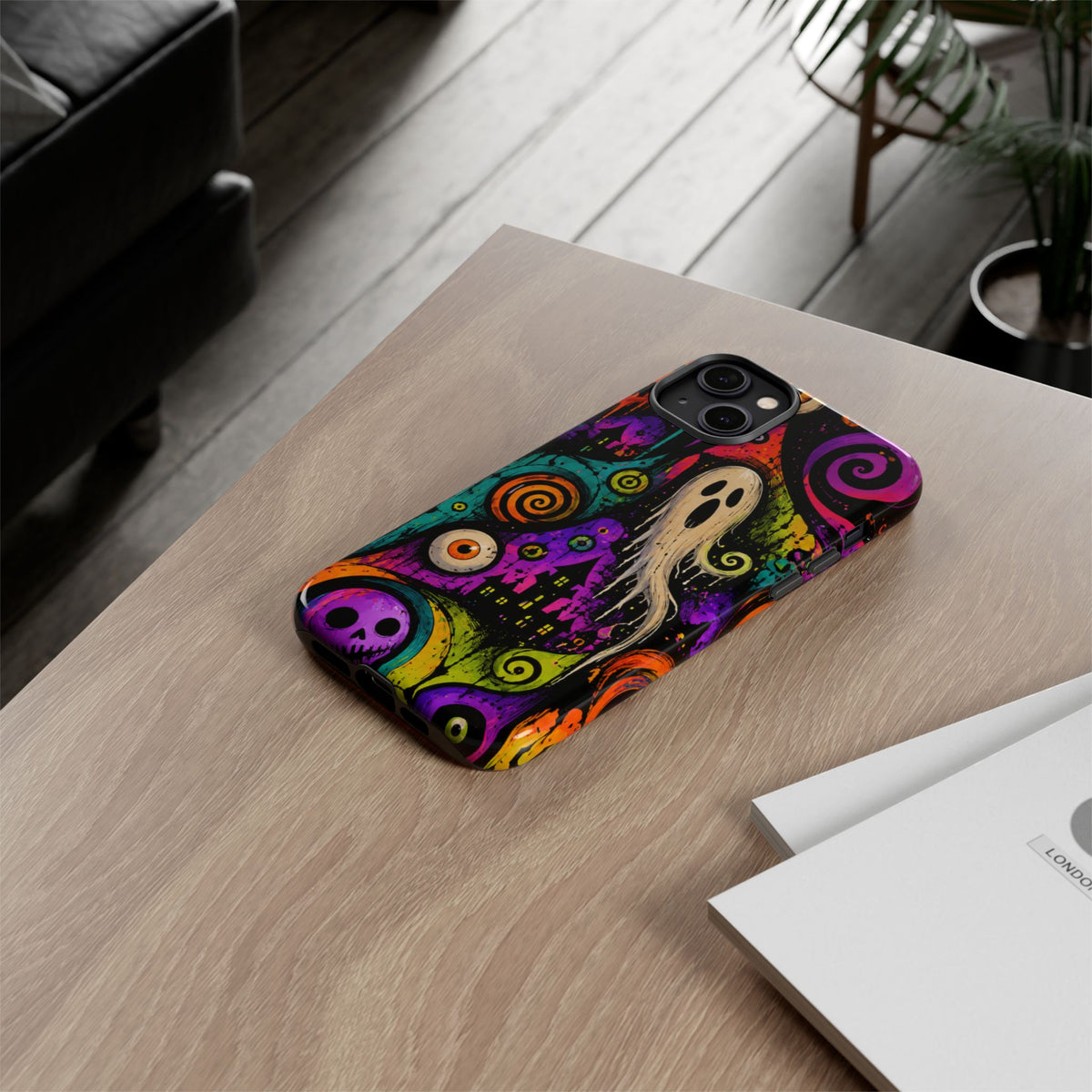 Halloween Ghost Phone Case — Colorful Spooky Skull & Haunted House Tough Case