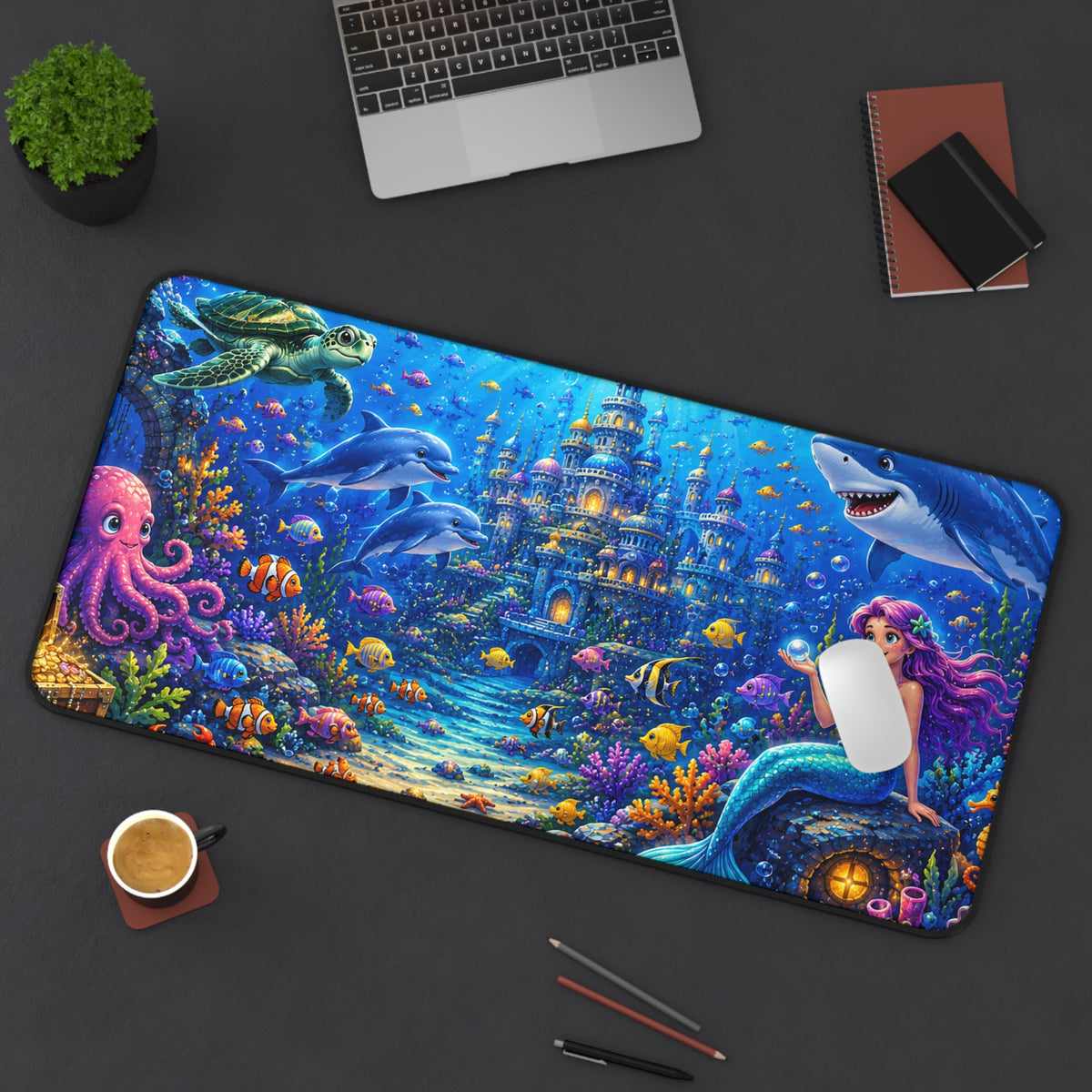 Mermaid Underwater Scene Desk Mat | Ocean Castle Mousepad