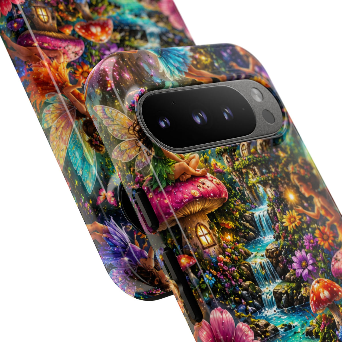 Fairy Garden Tough Phone Case — Whimsical Cottage, Waterfall & Mushroom Artwork