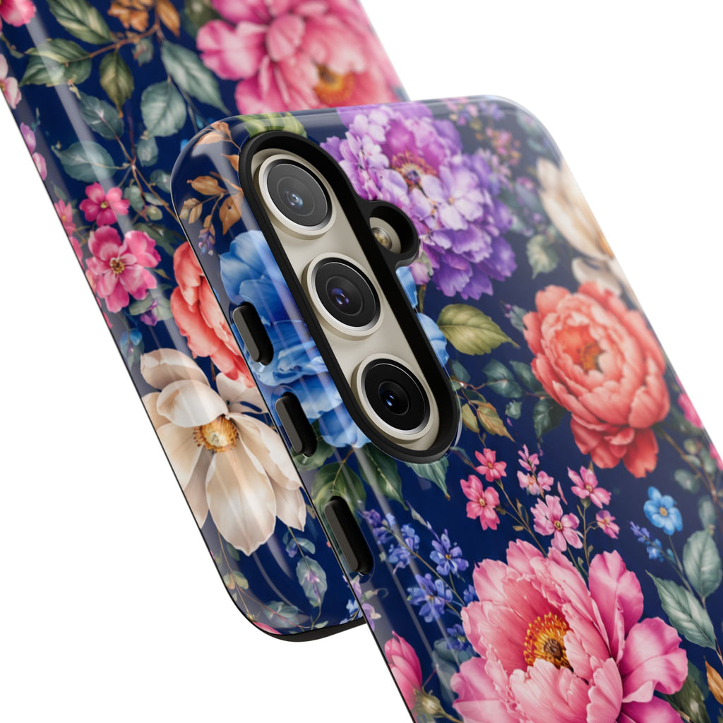 Floral Tough Phone Case – Vibrant Garden Flowers on Navy