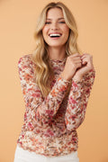 Floral Mesh Lettuce Trim Long Sleeve Top