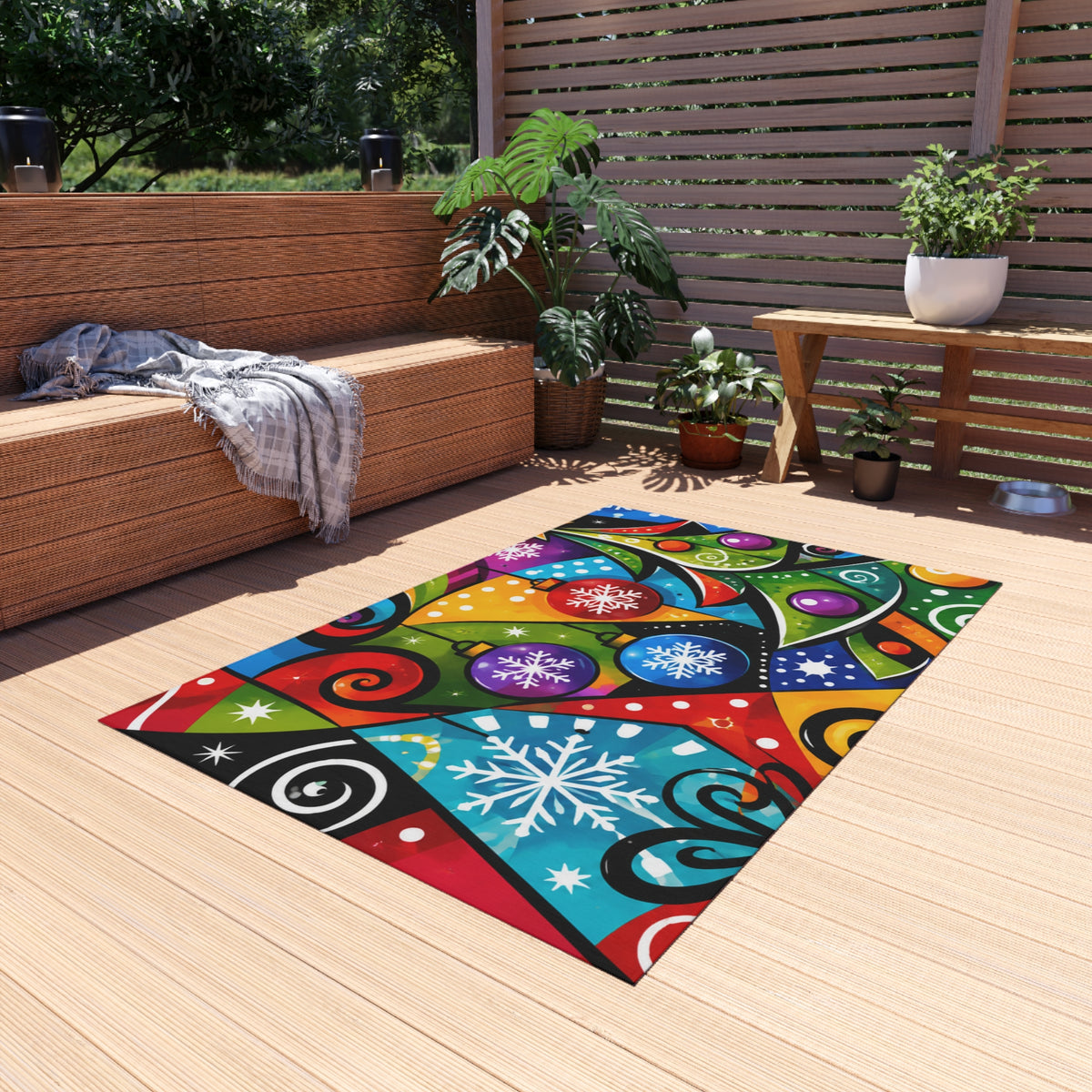 Festive Christmas Outdoor Rug — Colorful Holiday Tree & Ornaments Doormat