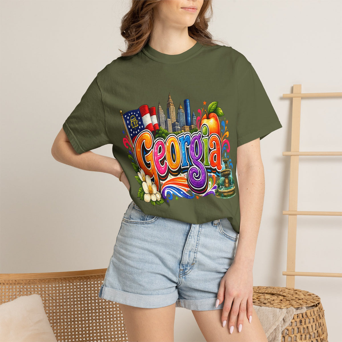 Georgia state illustration T-shirt | Atlanta skyline, peach, magnolia