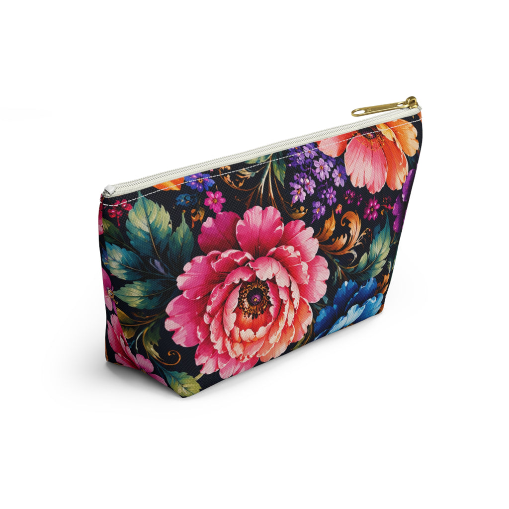 Floral Accessory Pouch — Vibrant Garden Makeup Bag with T-Bottom