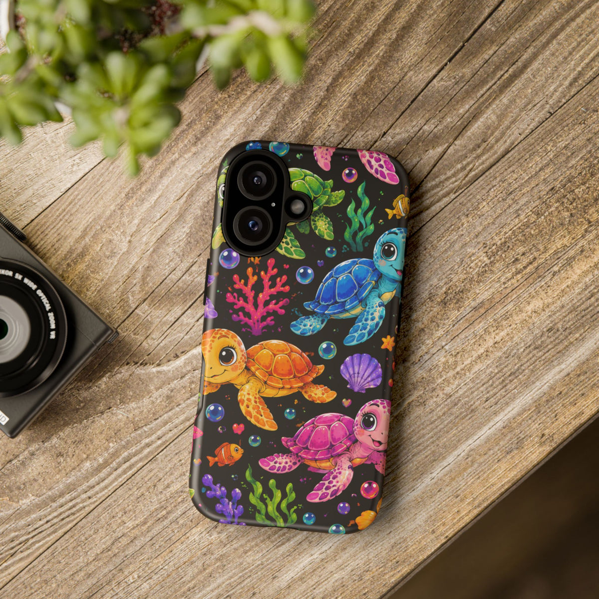 Phone Case — Colorful Cute Sea Turtles on Black (Protective Smartphone Cover)