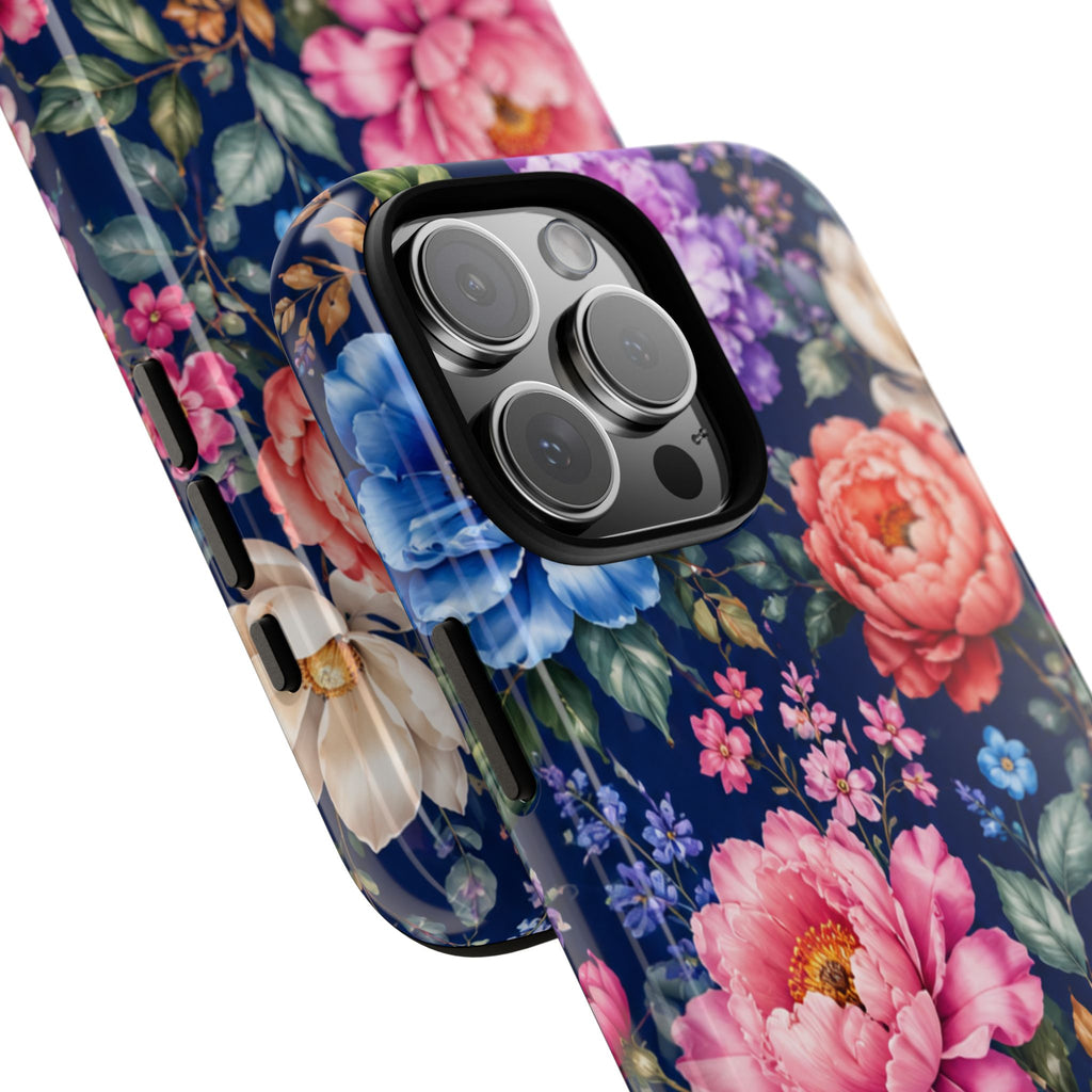 Floral Tough Phone Case – Vibrant Garden Flowers on Navy