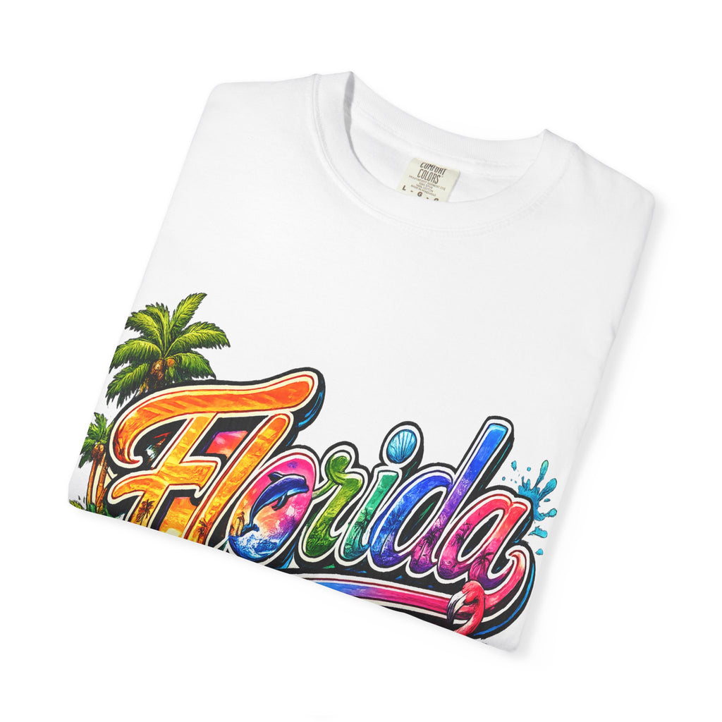 Florida Retro Palm Beach Sunset T-Shirt | Flamingo Hibiscus