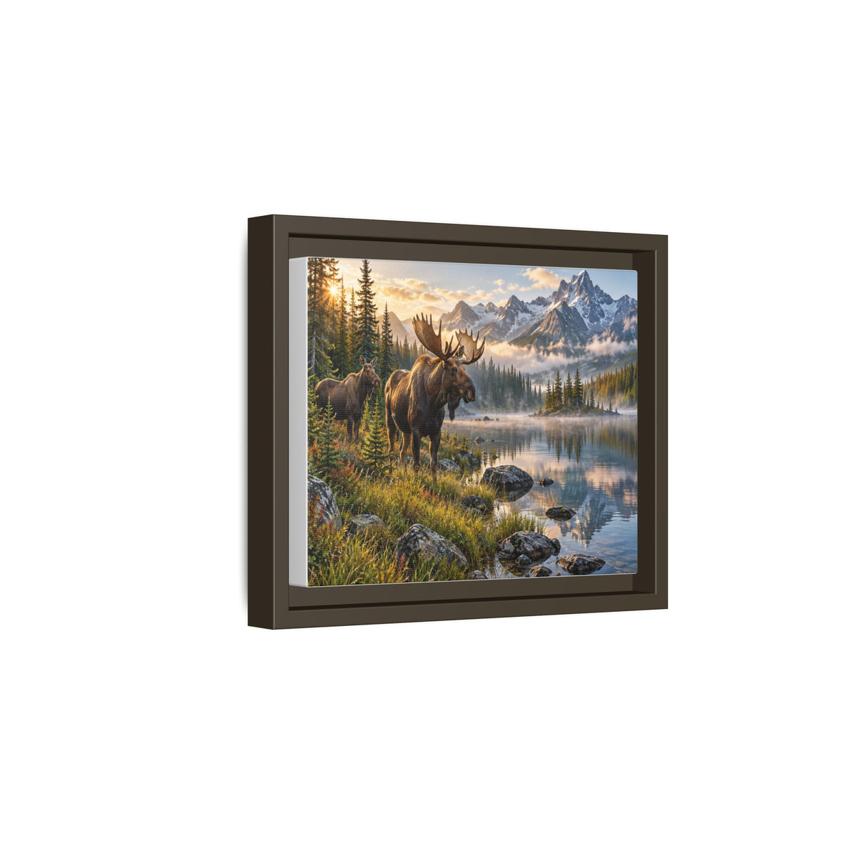 Framed Moose Canvas Wall Art — Mountain Lake Nature Print