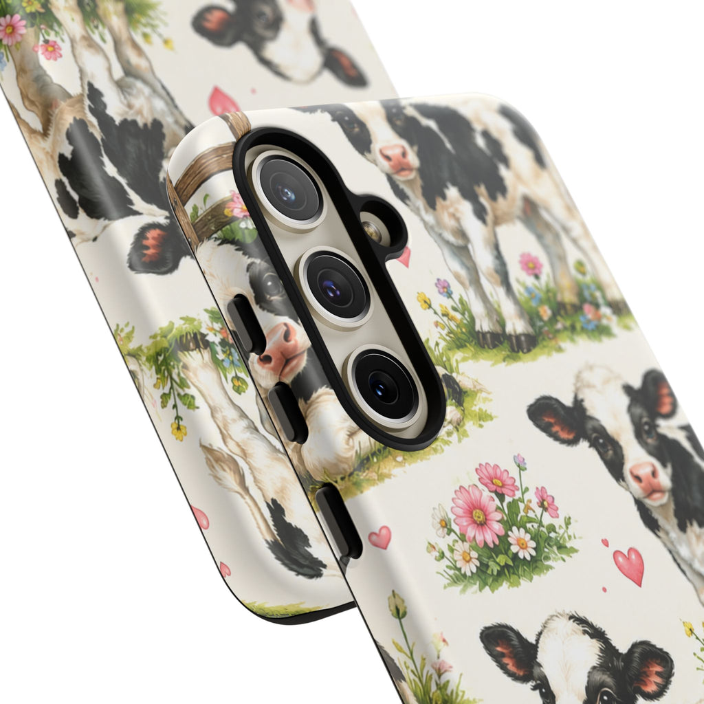 Cute Calf Pattern Phone Case – Pastel Cow Hearts & Flowers Protective Cover