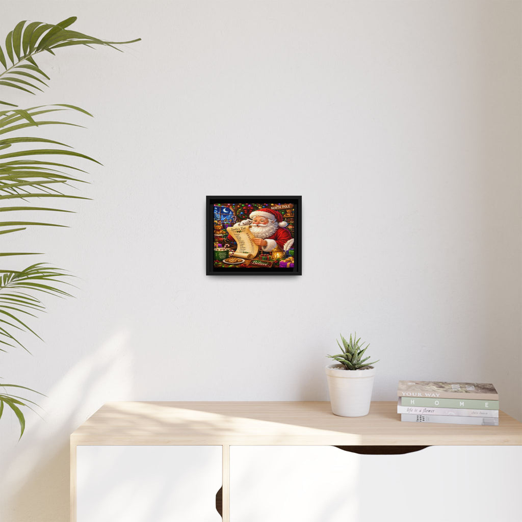 Santa Reading Wish List Matte Framed Canvas — Christmas Holiday Wall Art