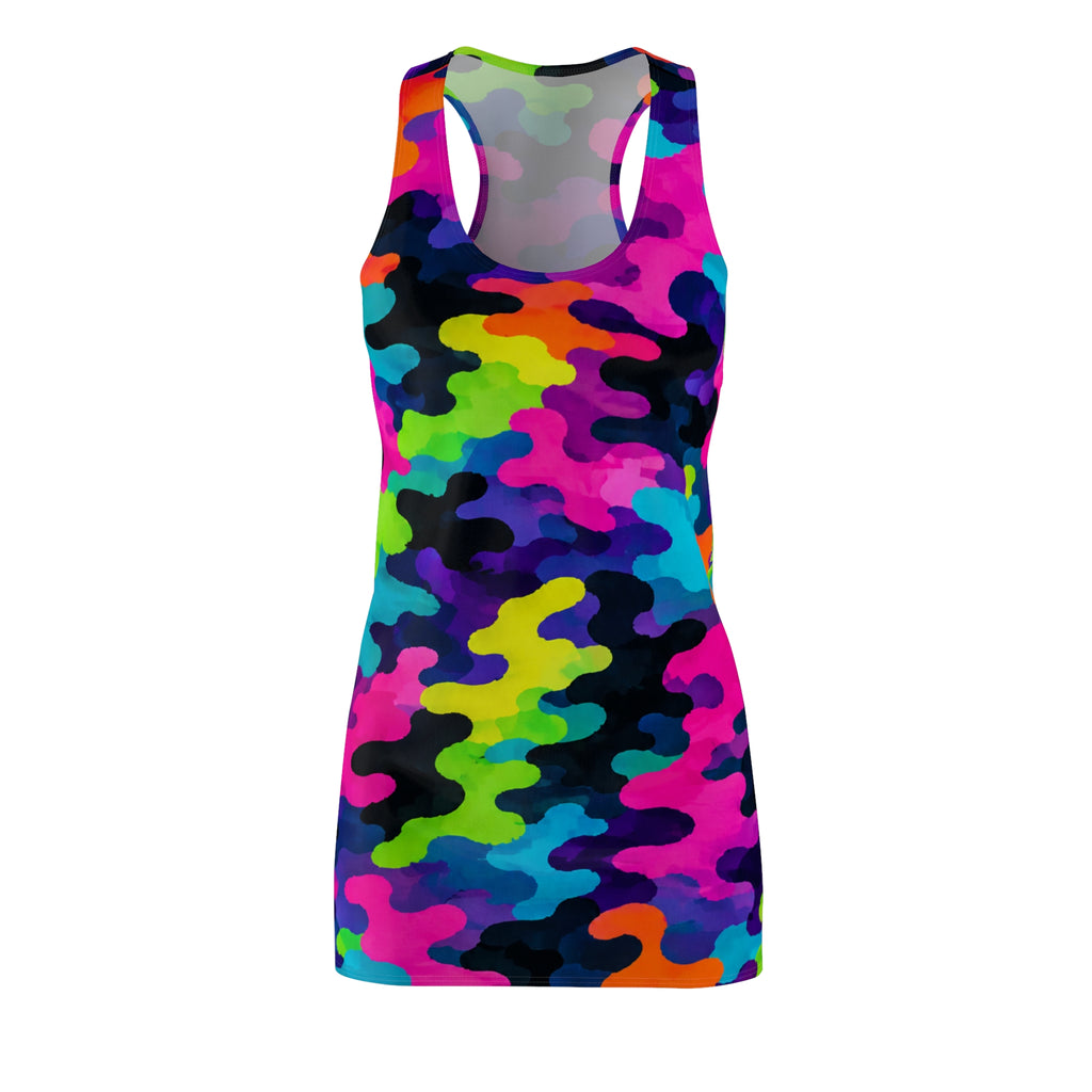 Neon Camo Racerback Dress — Women's Vibrant All-Over Print