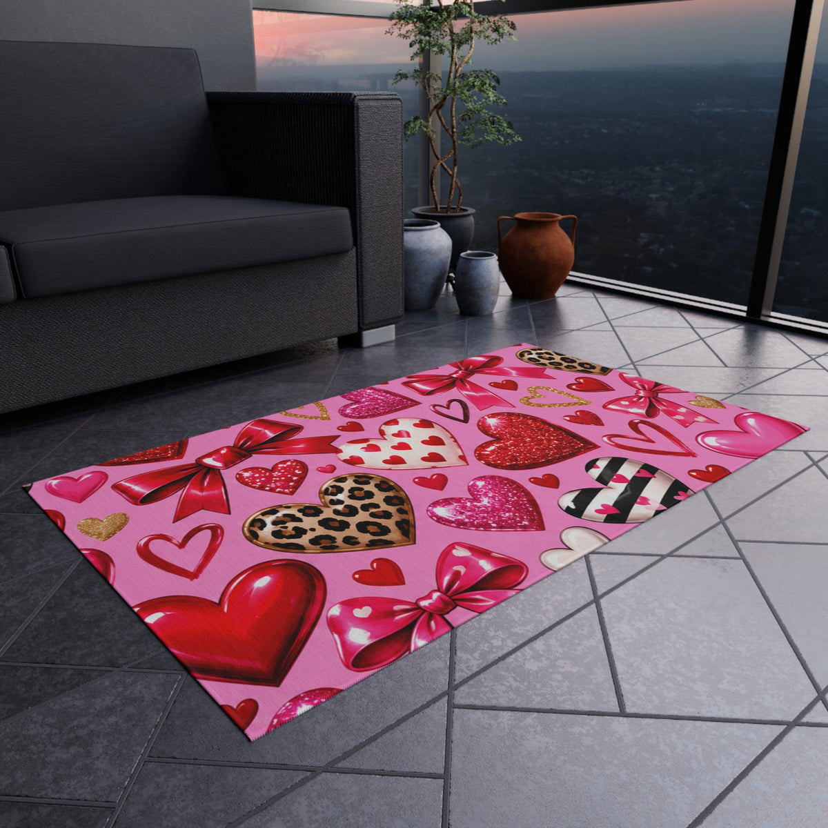 Valentine Hearts Outdoor Rug — Pink Bow & Leopard Accent Doormat