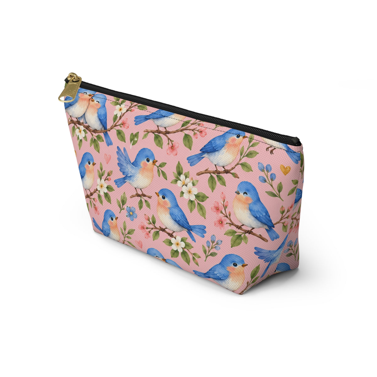 Bluebird Pattern Accessory Pouch | Pink Floral Zip Pouch