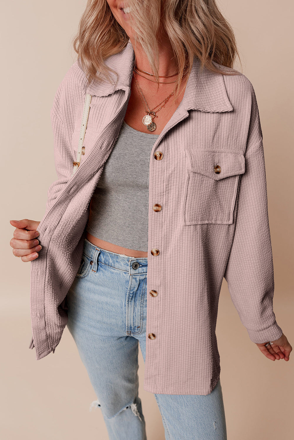 Solid Corduroy Button-Up Pocketed Shacket