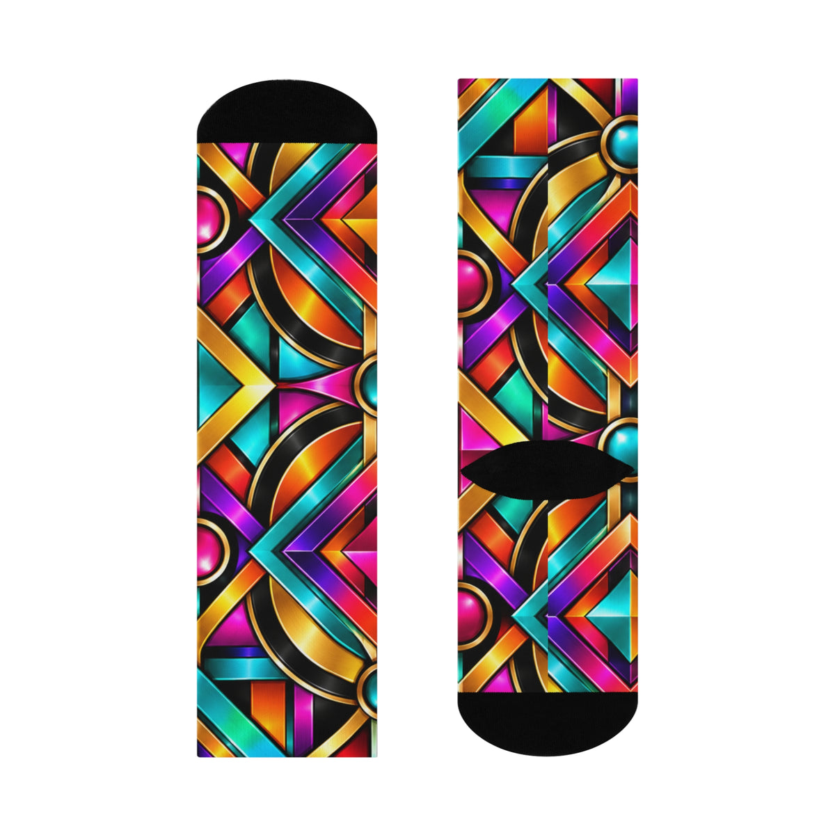 Colorful Geometric Pattern Cushioned Crew Socks | Vibrant Stained-Glass Style