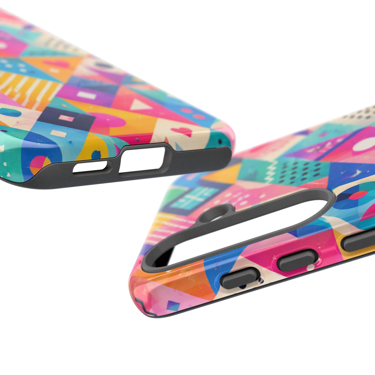Colorful Geometric Tough Phone Case — Bright Abstract Heart & Triangle Pattern