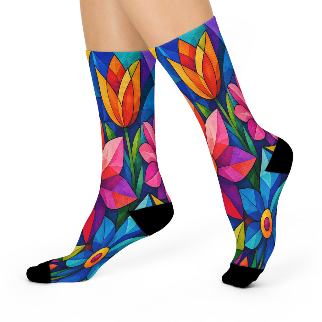 Floral Stained Glass Crew Socks — Bright Colorful Tulip Pattern