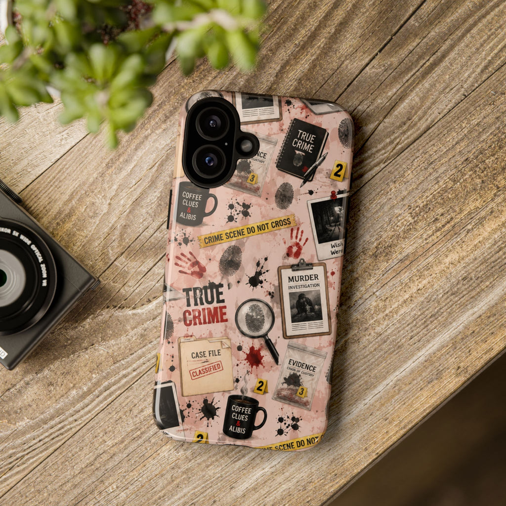 True Crime Pattern Phone Case – Detective Evidence, Crime Scene Tape & 'True Crime' Design