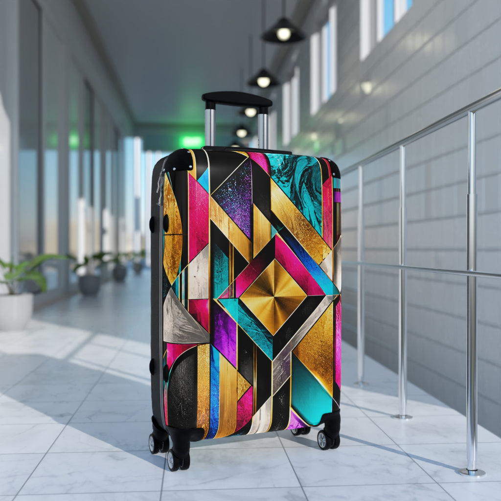 Geometric Glam Carry-On Suitcase – Bold Gold, Teal & Magenta Art Deco Design