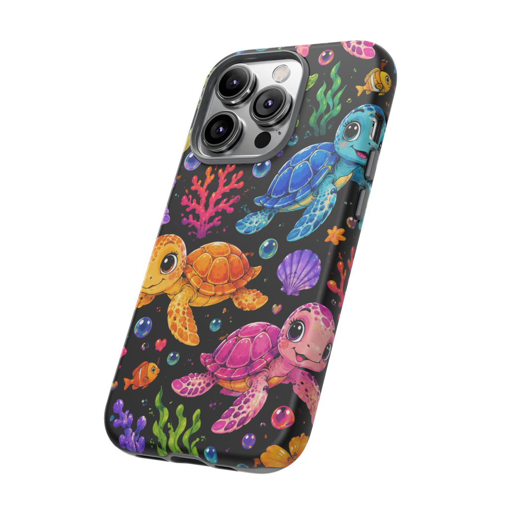 Phone Case — Colorful Cute Sea Turtles on Black (Protective Smartphone Cover)