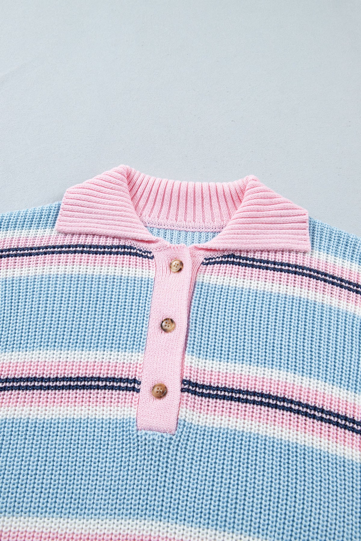 Stripe Ribbed Trim Buttoned Collar Long Sleeve Sweater